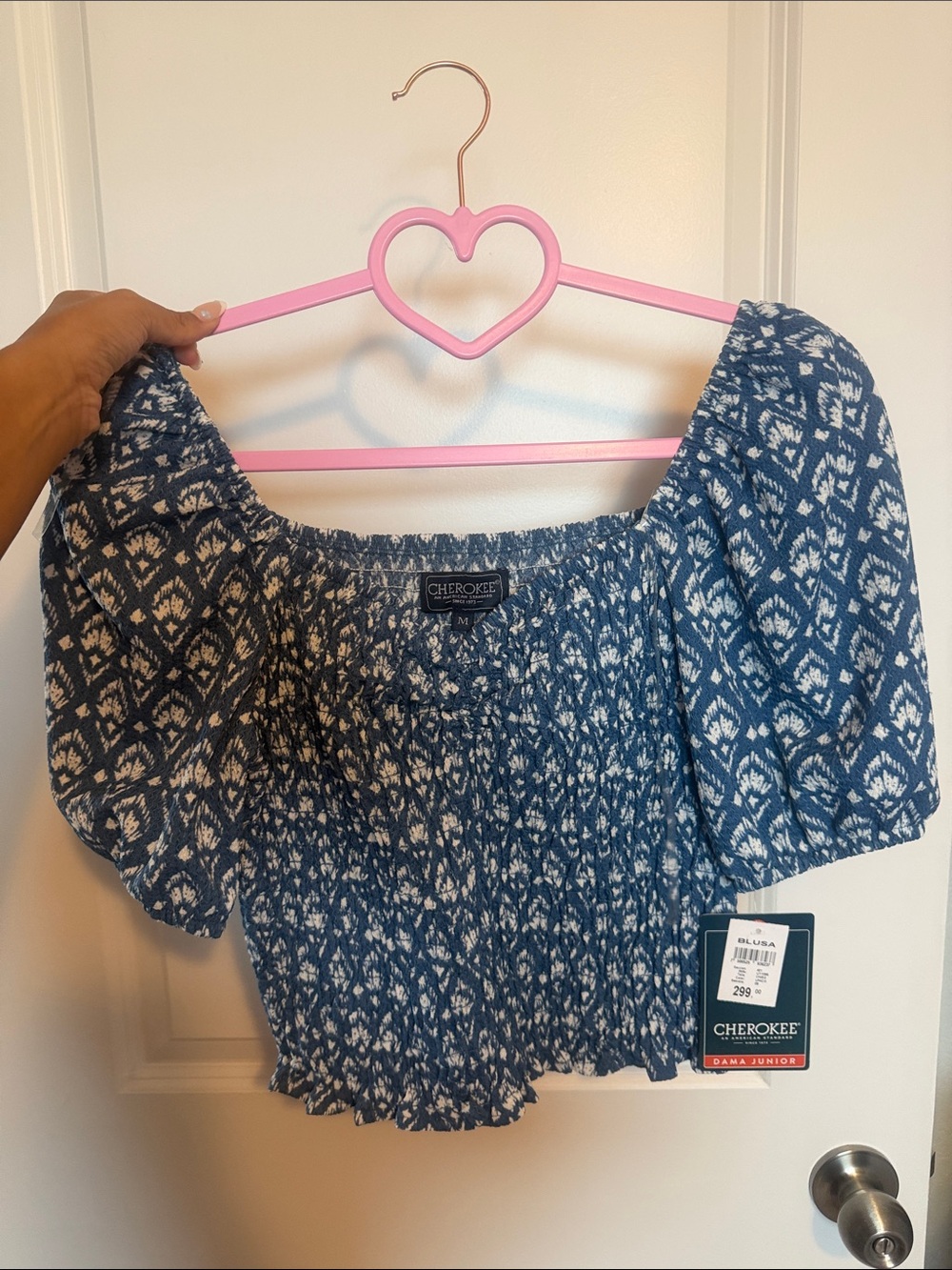 Cherokee Blue Smocked Off-Shoulder Crop Top